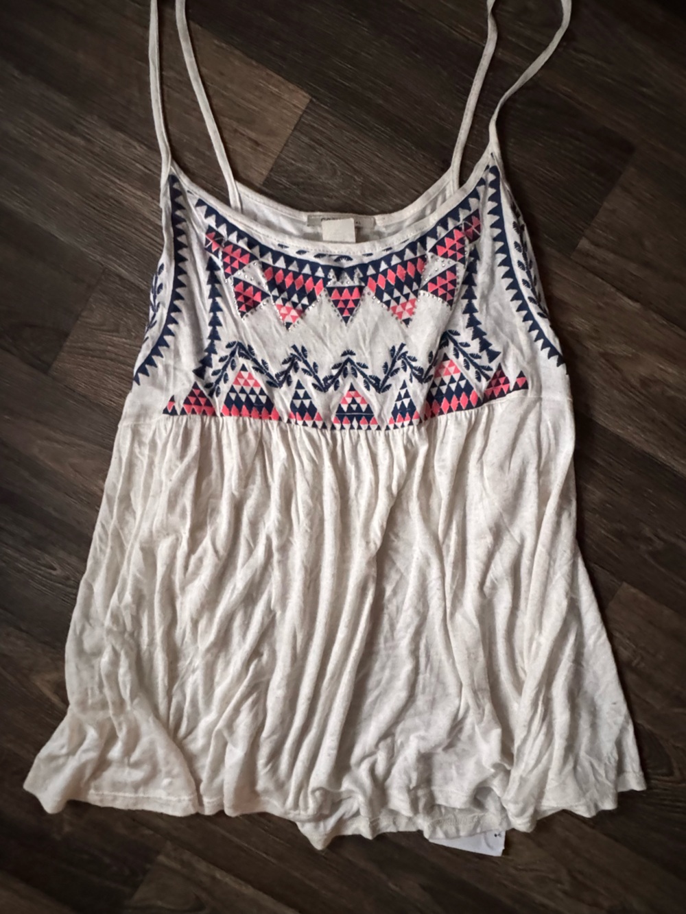 Embroidered White Women's Tank Top with Navy & Pink Accents